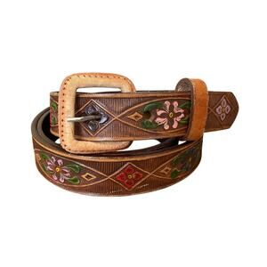 Vintage Brown Floral Embossed Leather Belt size 38 XL